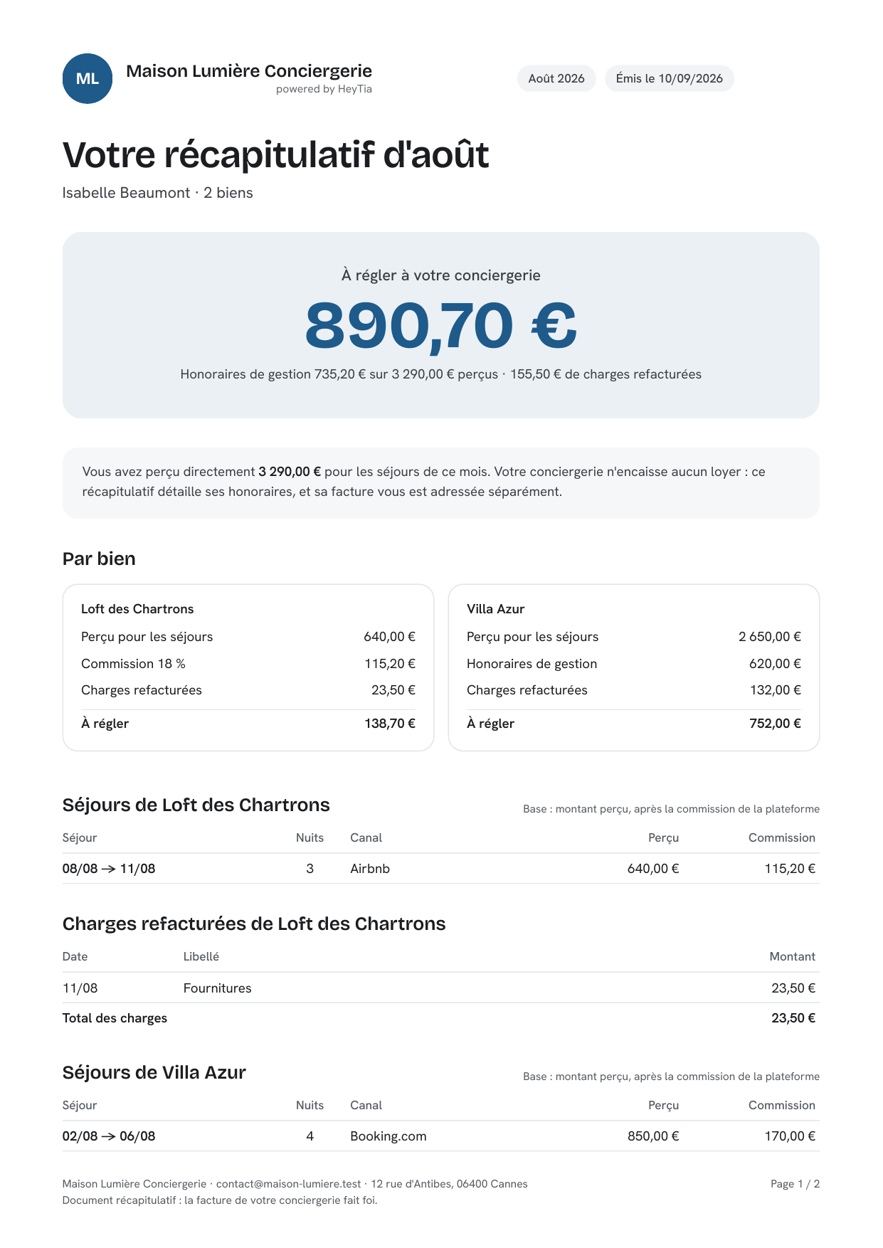 Récapitulatif des honoraires généré depuis HeyTia, première page d’un document avec des données fictives.