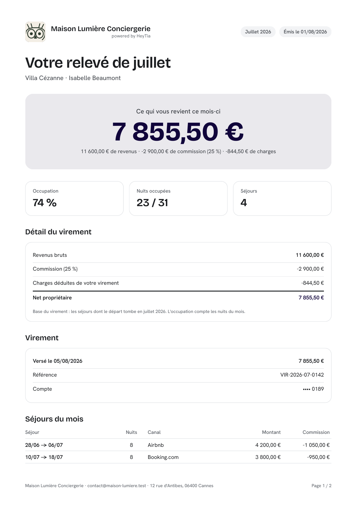 Relevé propriétaire généré depuis HeyTia, première page d’un document avec des données fictives.